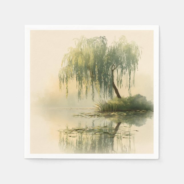 Serene Willow Tree Reflection Nature Art (1) Napkin (Front)