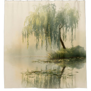 Serene Willow Tree Reflection Nature Art (1) Shower Curtain