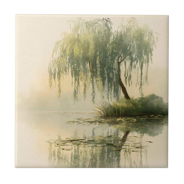 Serene Willow Tree Reflection Nature Art (1) Tile (Front)