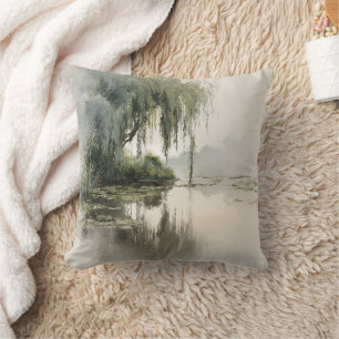 Serene Willow Tree Reflection Nature Art (2) Cushion
