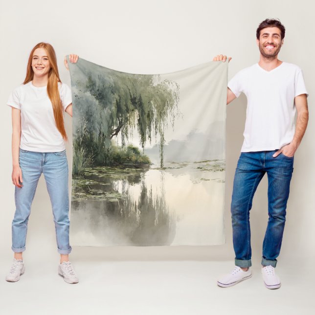 Serene Willow Tree Reflection Nature Art (2) Fleece Blanket (In Situ)