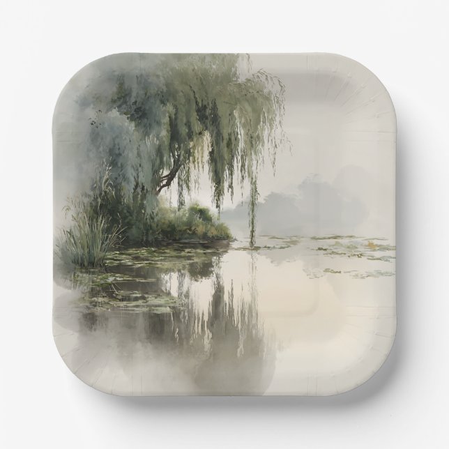 Serene Willow Tree Reflection Nature Art (2) Paper Plate (Front)