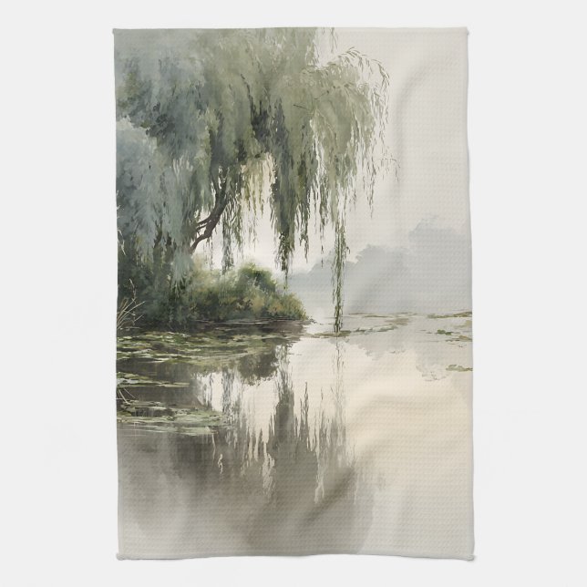 Serene Willow Tree Reflection Nature Art (2) Tea Towel (Vertical)