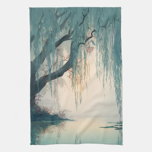 Serene Willow Tree Reflection Nature Art (3) Tea Towel (Vertical)