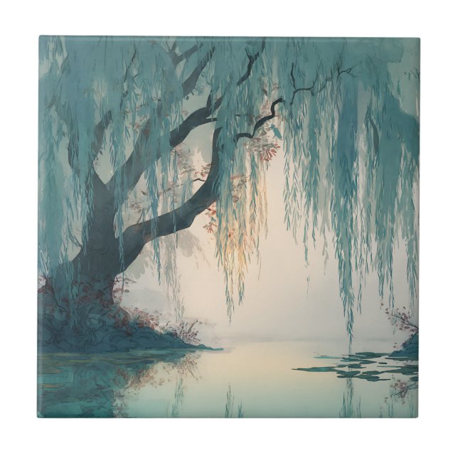 Serene Willow Tree Reflection Nature Art (3) Tile (Front)