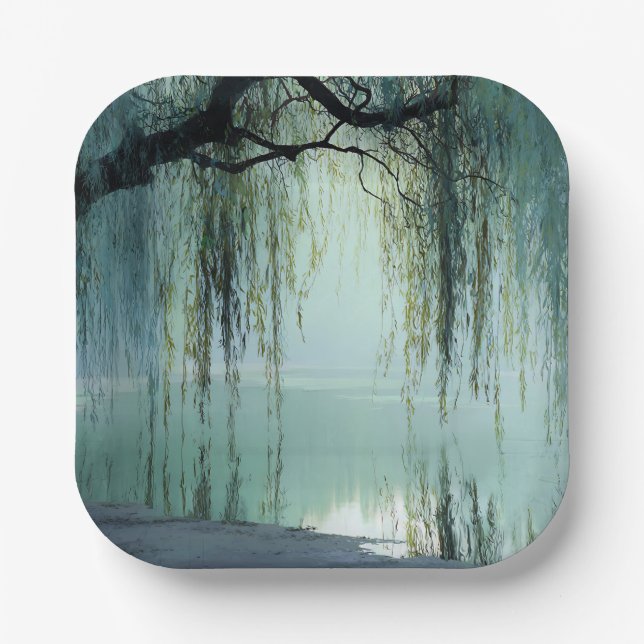 Serene Willow Tree Reflection Nature Art (4) Paper Plate (Front)