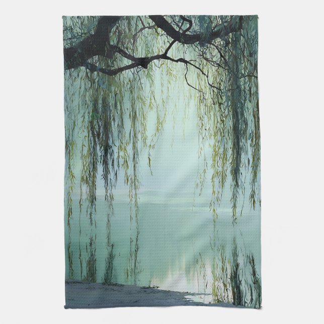 Serene Willow Tree Reflection Nature Art (4) Tea Towel (Vertical)