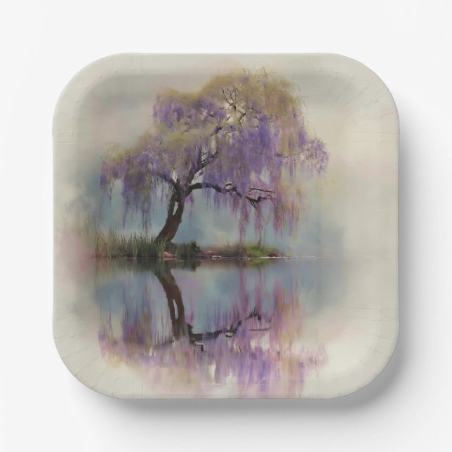 Serene Willow Tree Reflection Nature Art (6) Paper Plate (Front)