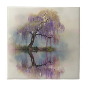 Serene Willow Tree Reflection Nature Art (6) Tile