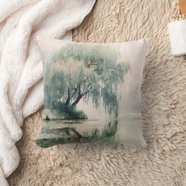 Serene Willow Tree Reflection Nature Art (7) Cushion (Blanket)