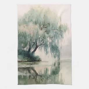 Serene Willow Tree Reflection Nature Art (7) Tea Towel