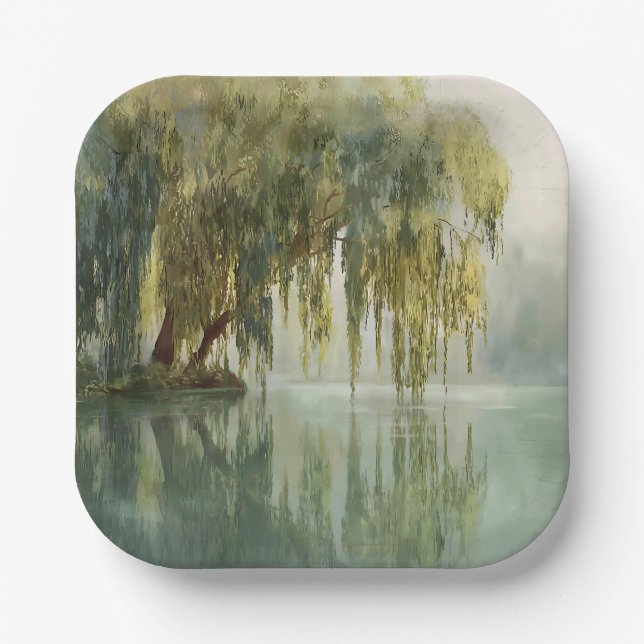 Serene Willow Tree Reflection Nature Art (8) Paper Plate (Front)