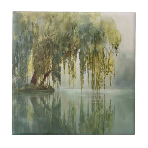 Serene Willow Tree Reflection Nature Art (8) Tile