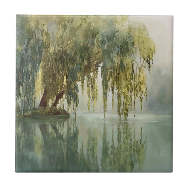 Serene Willow Tree Reflection Nature Art (8) Tile (Front)