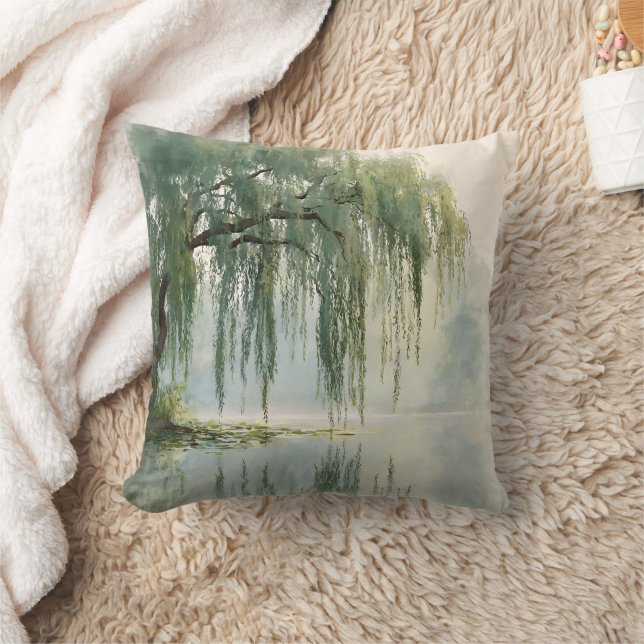 Serene Willow Tree Reflection Nature Art (9) Cushion (Blanket)