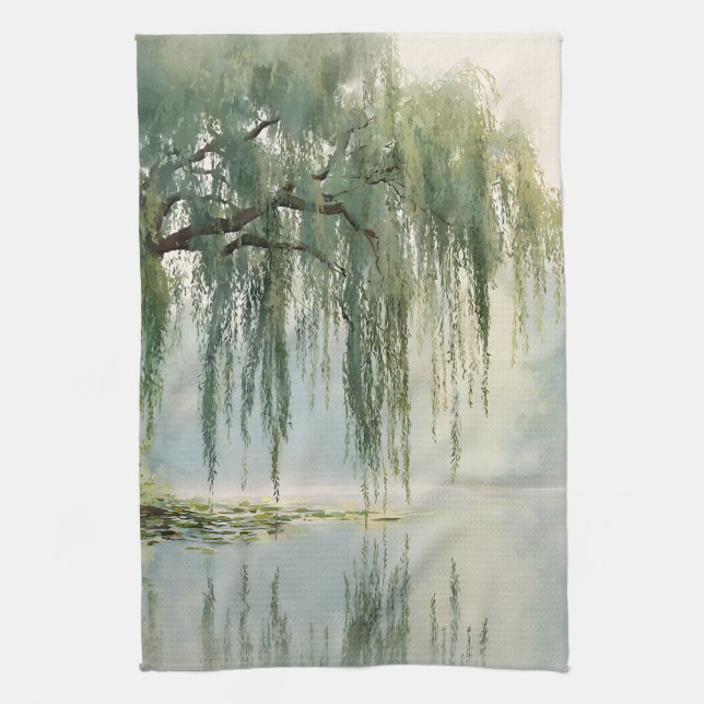 Serene Willow Tree Reflection Nature Art (9) Tea Towel (Vertical)