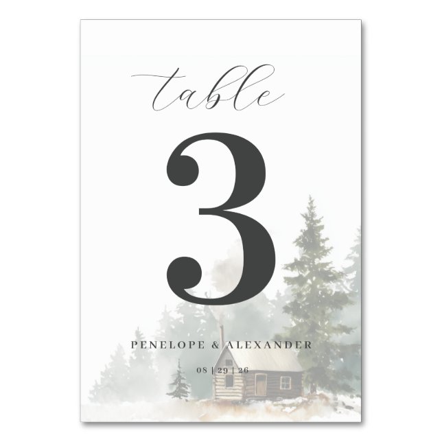 Serene Winter Cabin Scene Table Number (Front)