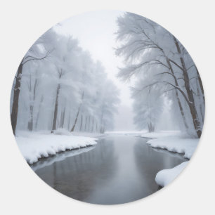 Serene Winter Landscape with Snow Covered Trees Classic Round Sticker