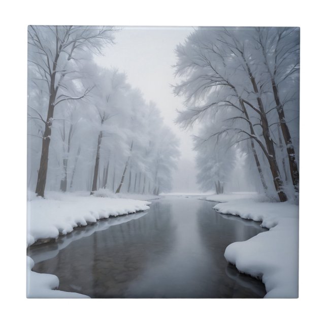 Serene Winter Landscape with Snow Covered Trees  Tile (Front)
