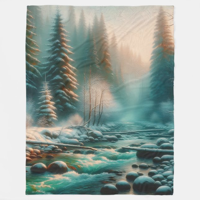 “Serene Winter River Scene” Fleece Blanket (Front)