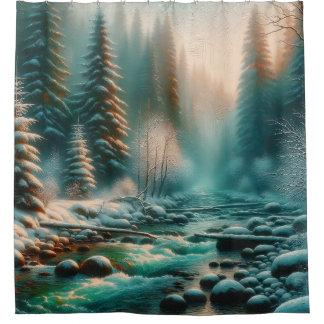 “Serene Winter River Scene” Shower Curtain