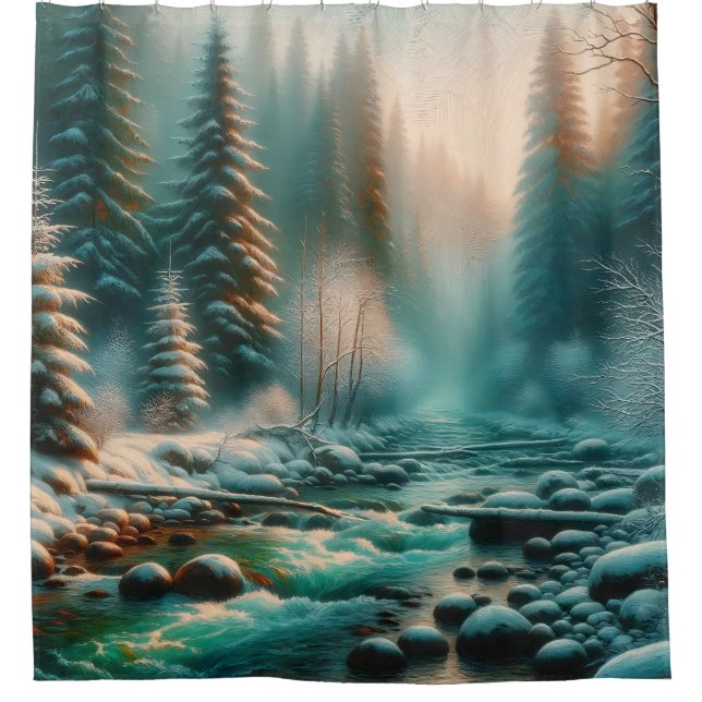 “Serene Winter River Scene” Shower Curtain (Front)