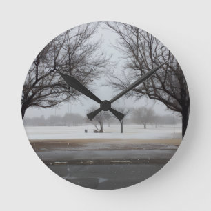 Serene Winter Snowfall Park Landscape Round Clock