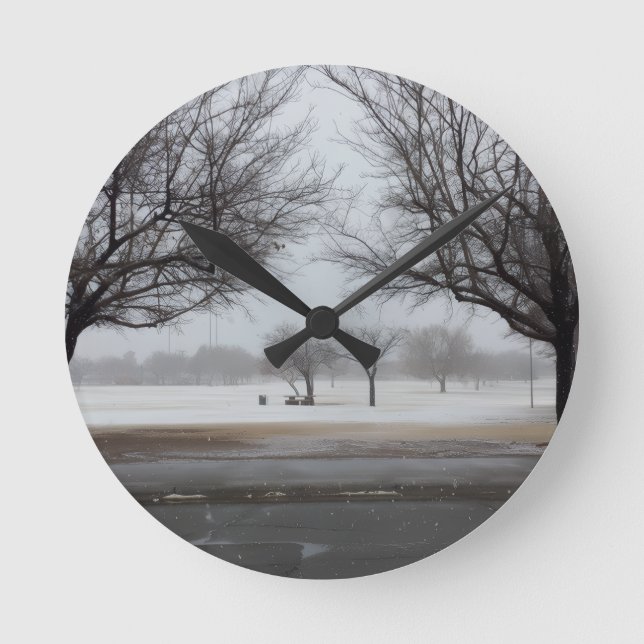 Serene Winter Snowfall Park Landscape Round Clock (Front)