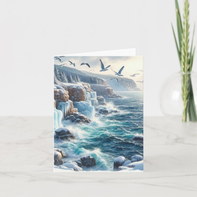 Serene Winter Watercolor Coastal Seascape Blank Note Card (Front)