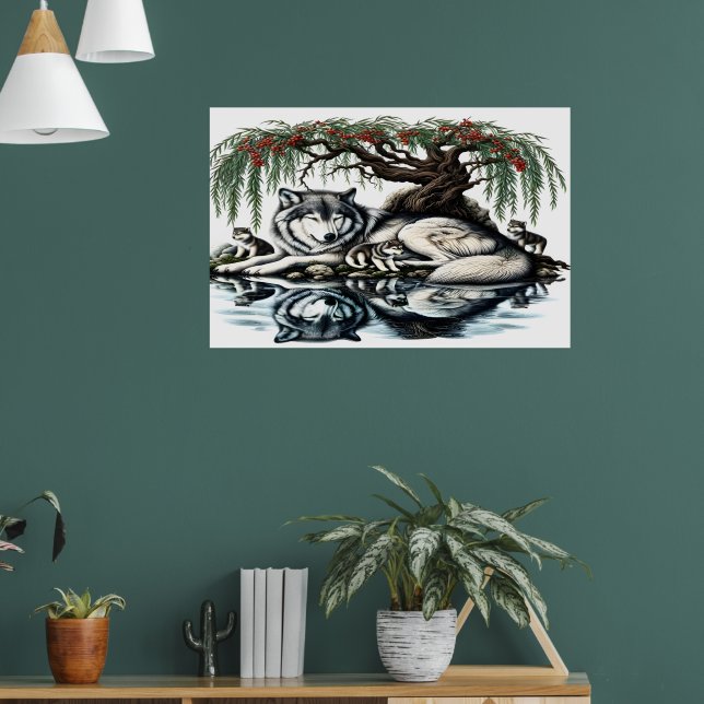 Serene Wolf Family Oasis in Idyllic Nature36x24 Poster (Living Room 1)
