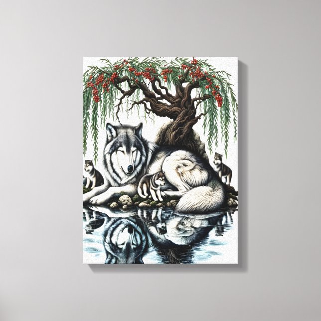 Serene Wolf Family Oasis in Idyllic Nature 12x16 Canvas Print (Front)