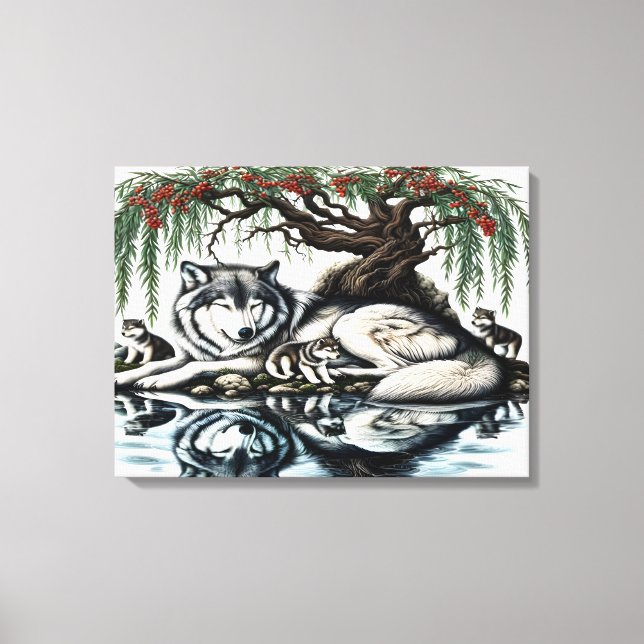 Serene Wolf Family Oasis in Idyllic Nature 24x18 Canvas Print (Front)