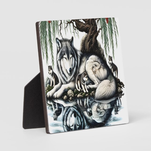 Serene Wolf Family Oasis in Idyllic Nature Plaque (Front)