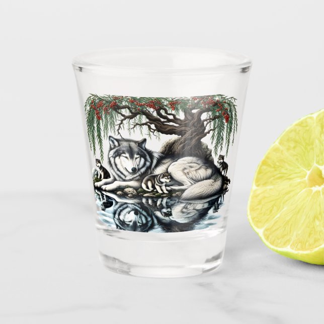 Serene Wolf Family Oasis in Idyllic Nature Shot Glass (Front)