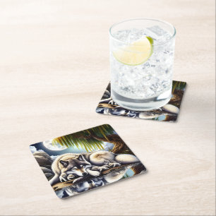 Serene Wolf Family Oasis in Idyllic Nature Square Paper Coaster