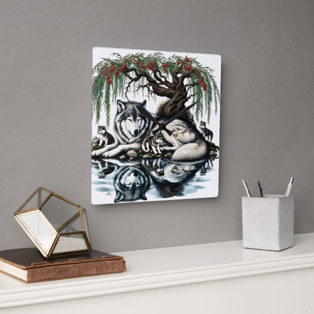 Serene Wolf Family Oasis in Idyllic Nature Square Wall Clock (Office)