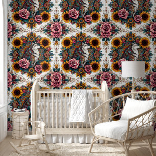 Serene Wolf & Sunflower Rose Elegance Wallpaper