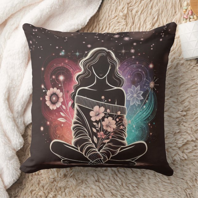 Serene Woman in a Cosmic Floral Dream Cushion (Blanket)