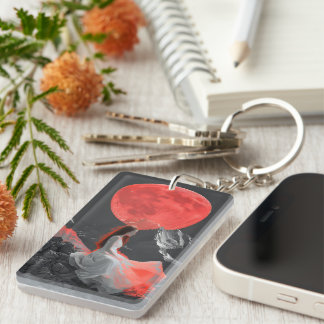 Serene Woman on Cliff under Red Moon Digital Art Key Ring