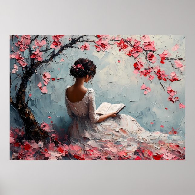 Serene Woman Reading Under Cherry Blossoms Poster (Front)