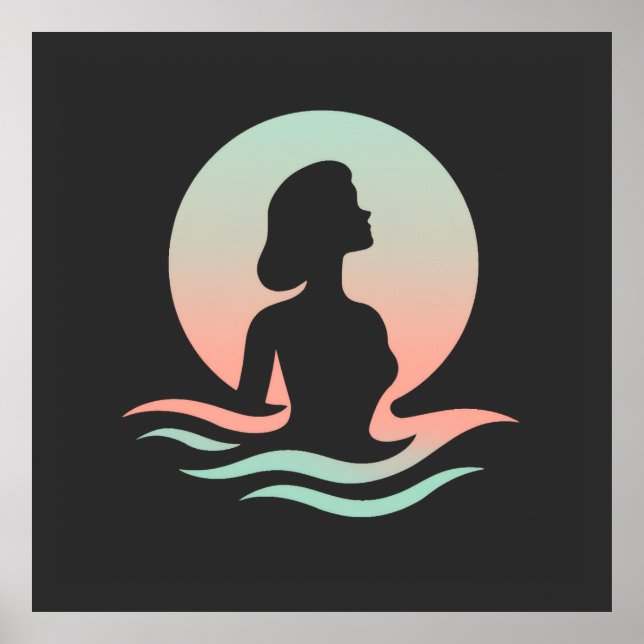 Serene Woman Silhouette in Pastel Waves Poster (Front)
