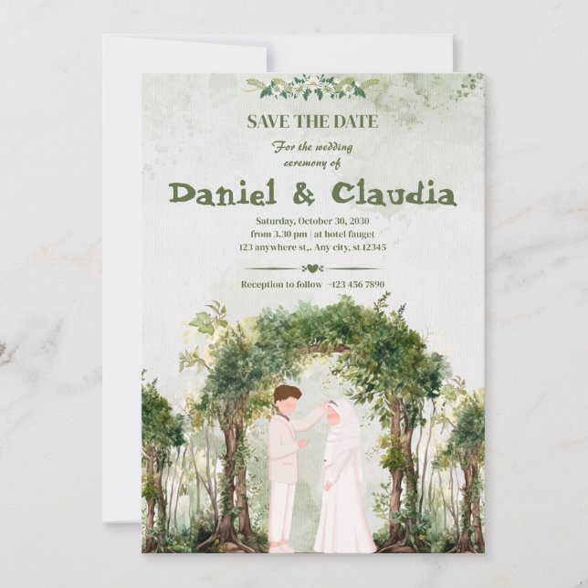 Serene Woodland Greenery Arch Islamic Wedding Invitation (Front)