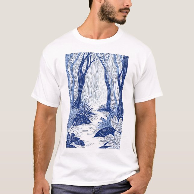 Serene Woodland Path: Blue Line Art Forest T-Shirt (Front)