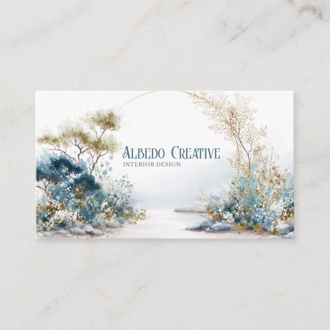 Serene Zen Garden Blue and Gold Botanical Business Card (Front)