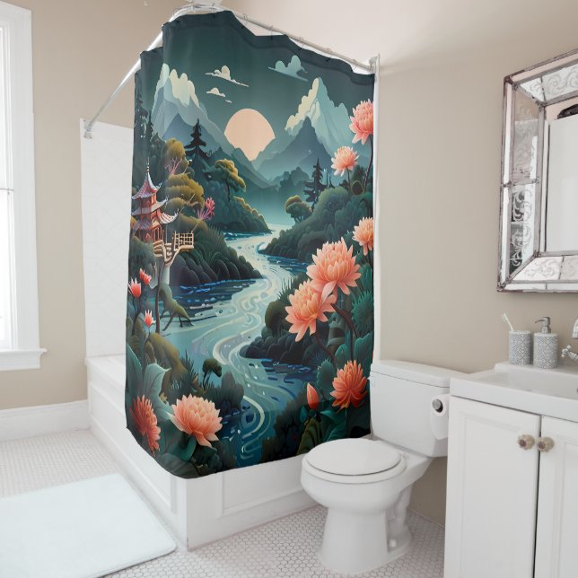 Serenity at Sunset: Traditional Chinese Garden Art Shower Curtain (In Situ)