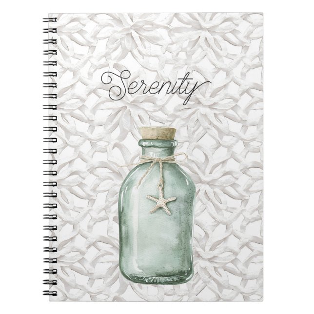 Serenity Beach White Coral Starfish Bottle Notebook (Front)