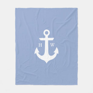 Serenity Blue Anchor Nautical Monogram Fleece Blanket