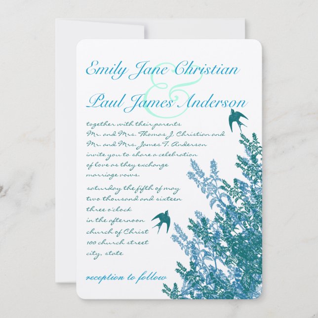 Serenity Blue and Aqua Floral Wedding Invites (Front)