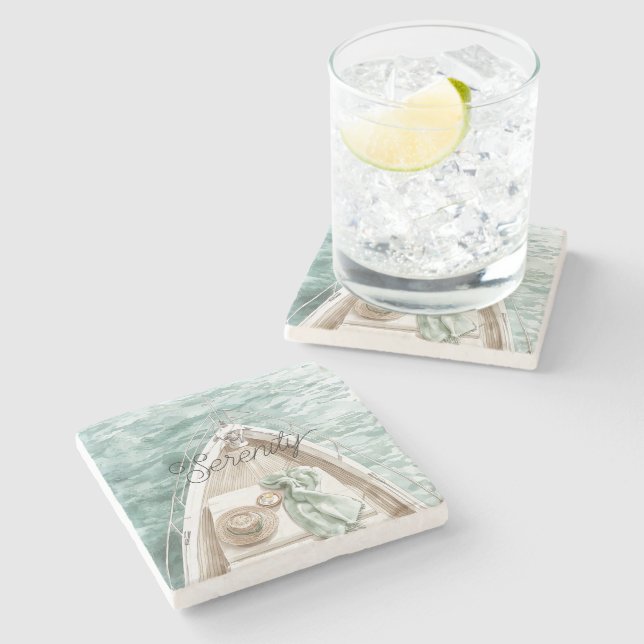 Serenity Calm Ocean Boat   Stone Coaster (Side)