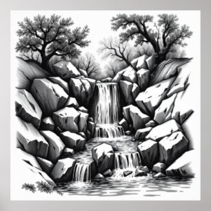 Serenity Falls: Waterfall Charcoal Art Poster